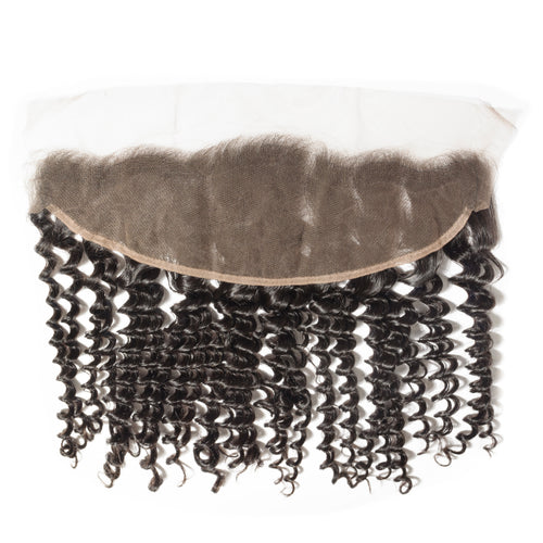 Black curly hair extensions with a lace front closure on a white background